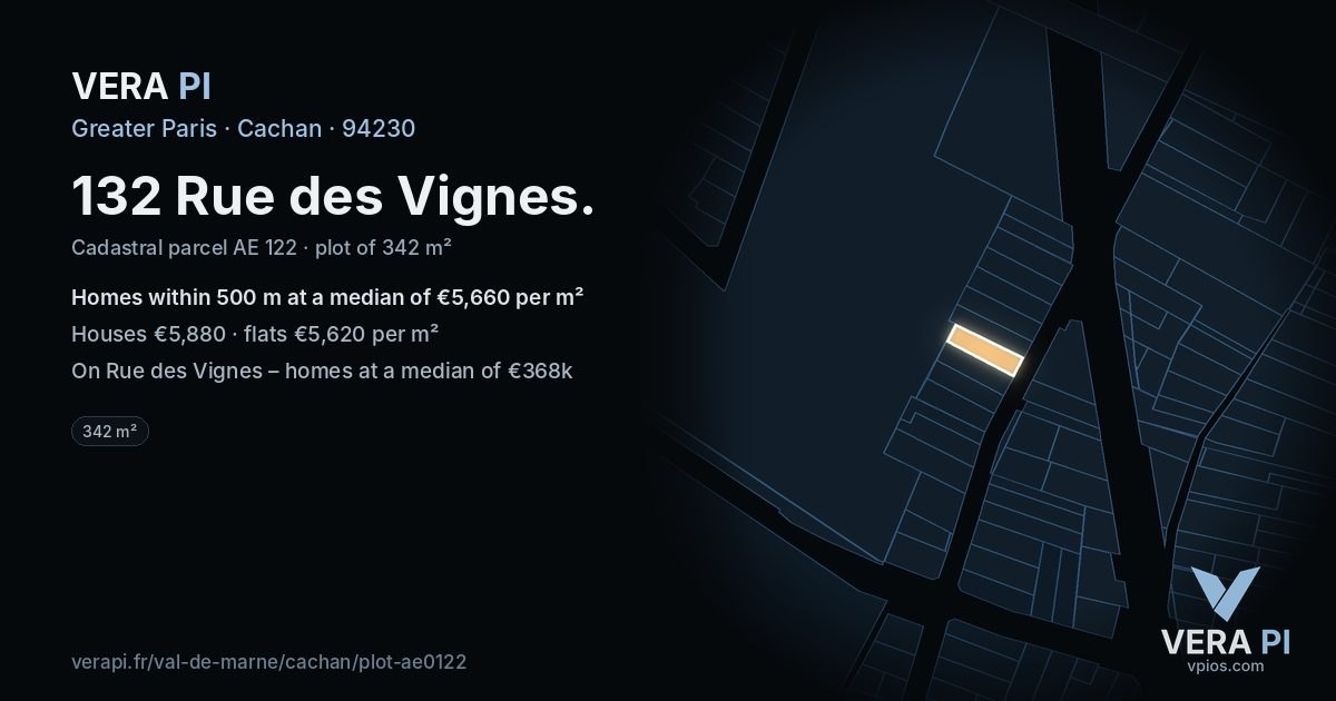 132 Rue des Vignes, Cachan at night – the plot lit, the parcels around coloured by the prices near them
