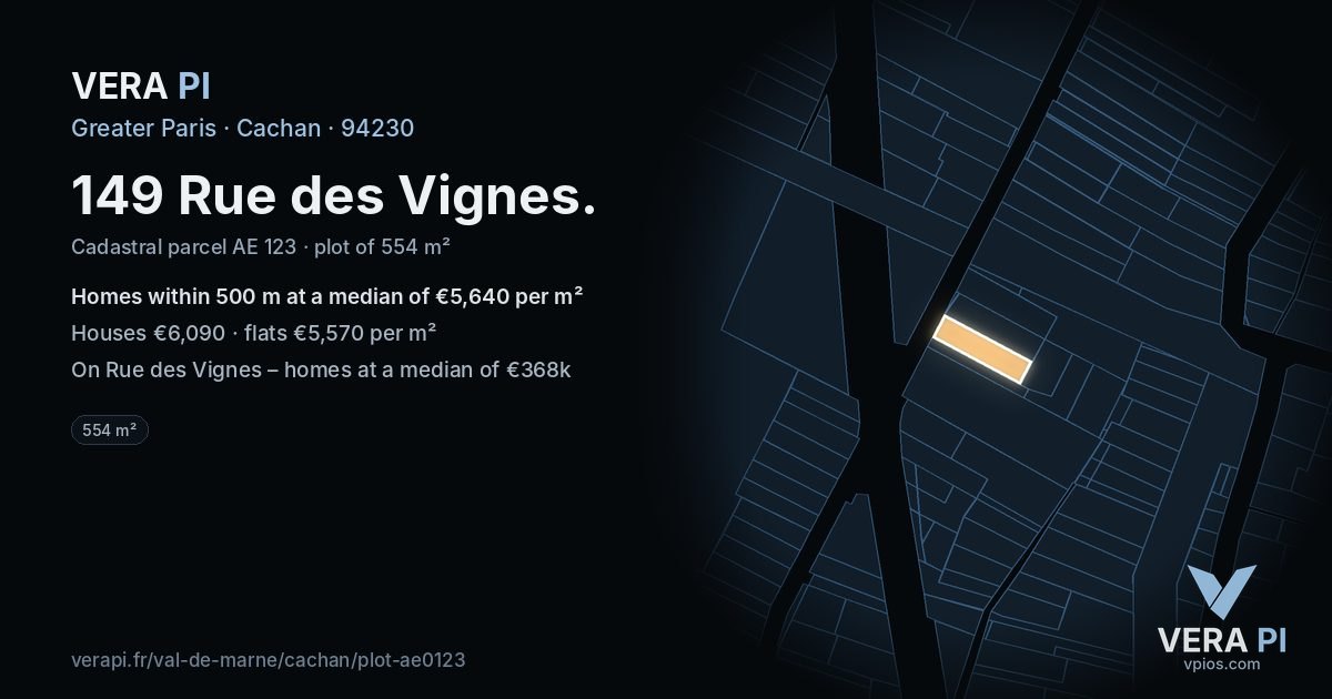 149 Rue des Vignes, Cachan at night – the plot lit, the parcels around coloured by the prices near them