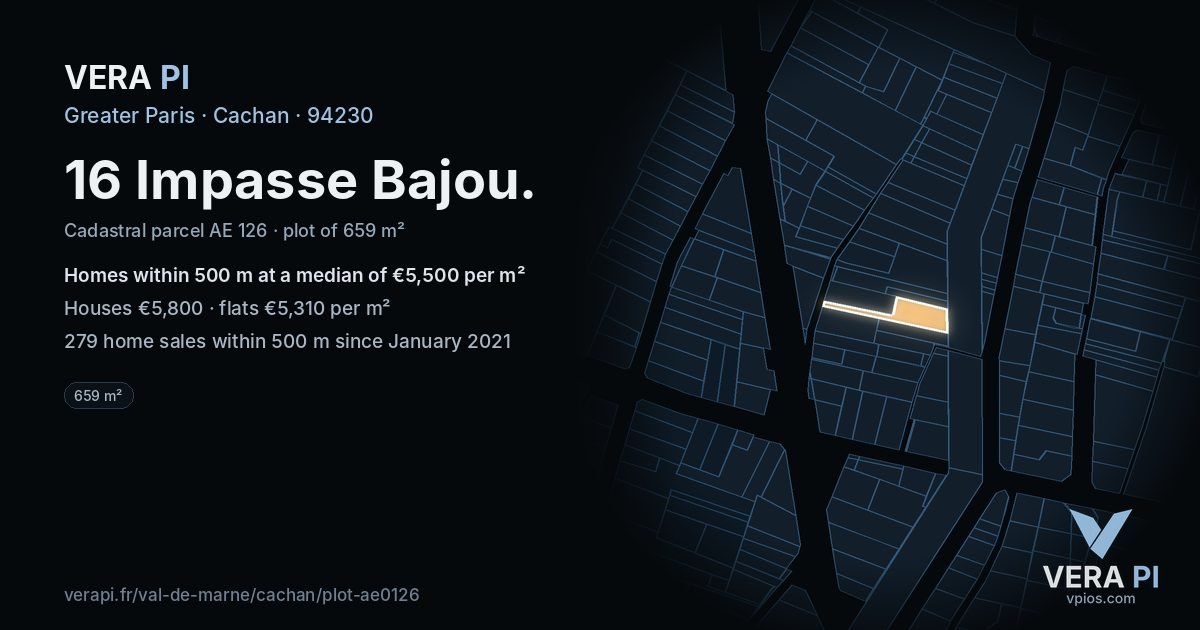 16 Impasse Bajou, Cachan at night – the plot lit, the parcels around coloured by the prices near them