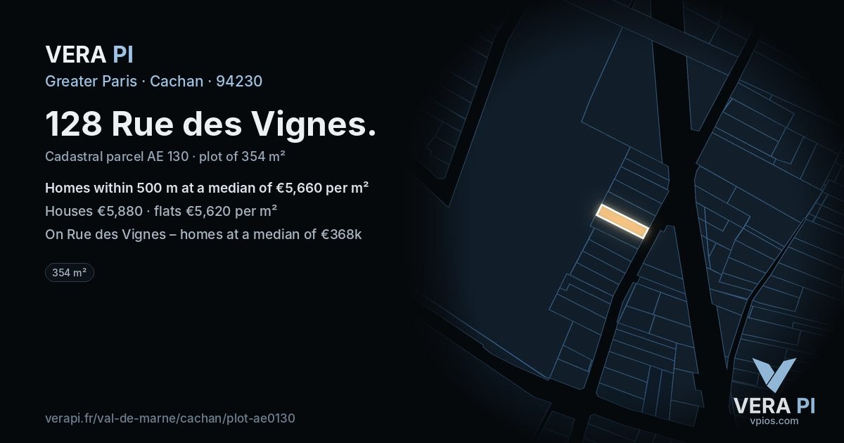 128 Rue des Vignes, Cachan at night – the plot lit, the parcels around coloured by the prices near them
