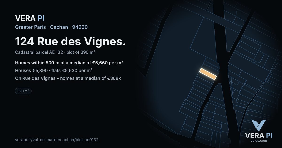124 Rue des Vignes, Cachan at night – the plot lit, the parcels around coloured by the prices near them