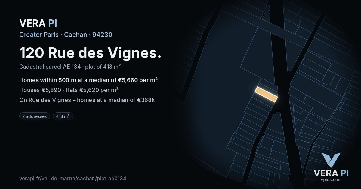 120 Rue des Vignes, Cachan at night – the plot lit, the parcels around coloured by the prices near them