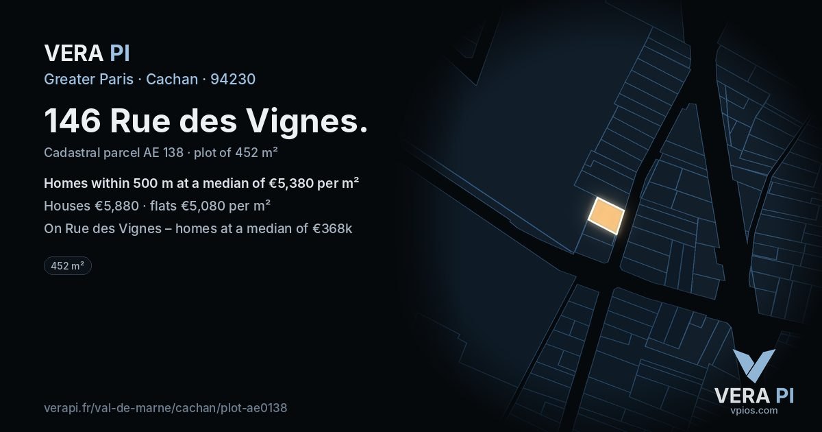 146 Rue des Vignes, Cachan at night – the plot lit, the parcels around coloured by the prices near them