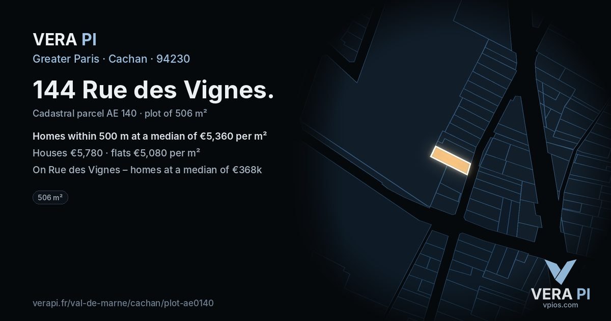 144 Rue des Vignes, Cachan at night – the plot lit, the parcels around coloured by the prices near them