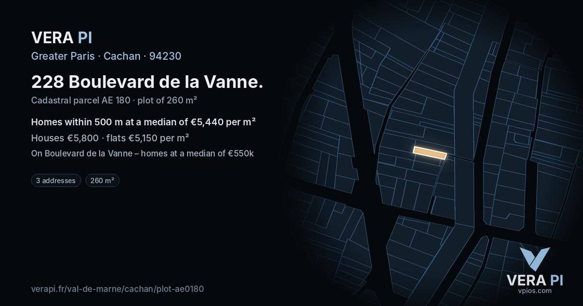 228 Boulevard de la Vanne, Cachan at night – the plot lit, the parcels around coloured by the prices near them
