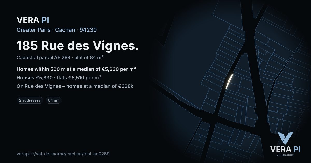 185 Rue des Vignes, Cachan at night – the plot lit, the parcels around coloured by the prices near them