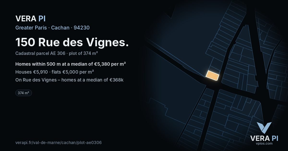 150 Rue des Vignes, Cachan at night – the plot lit, the parcels around coloured by the prices near them