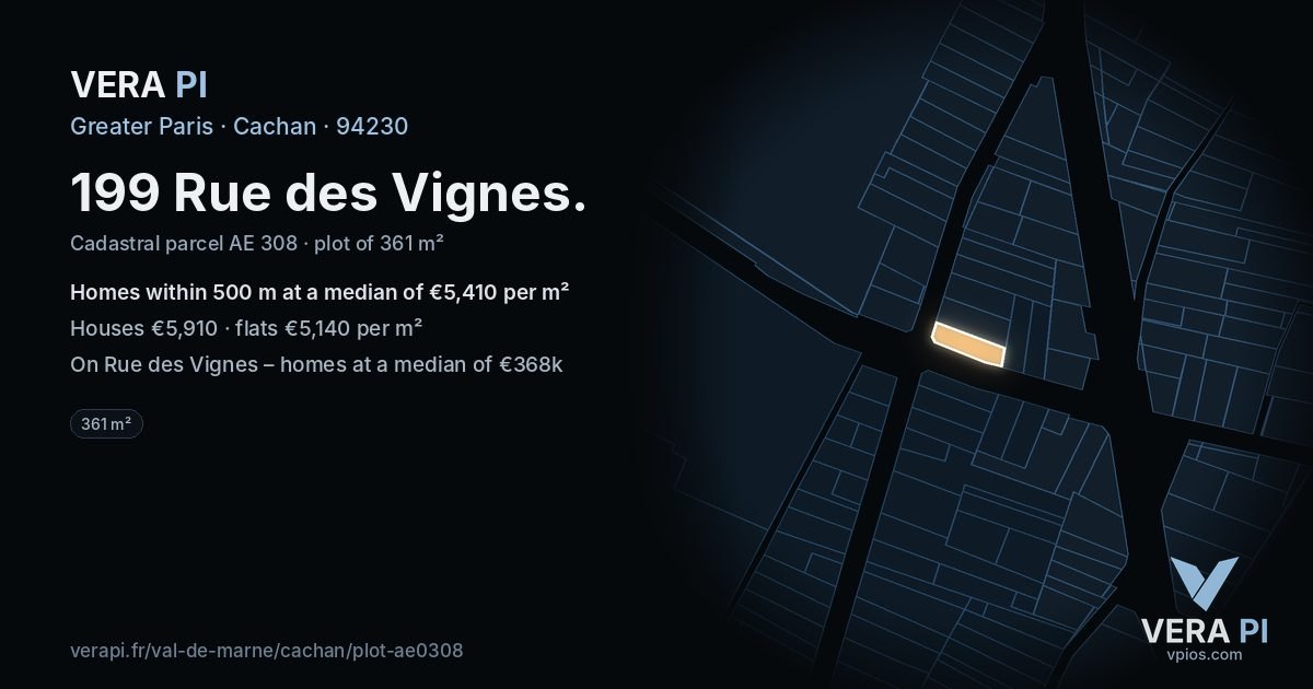 199 Rue des Vignes, Cachan at night – the plot lit, the parcels around coloured by the prices near them