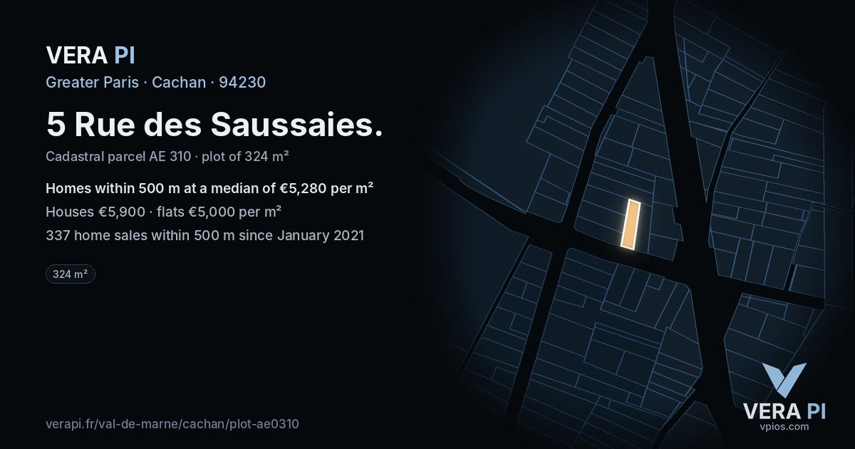5 Rue des Saussaies, Cachan at night – the plot lit, the parcels around coloured by the prices near them