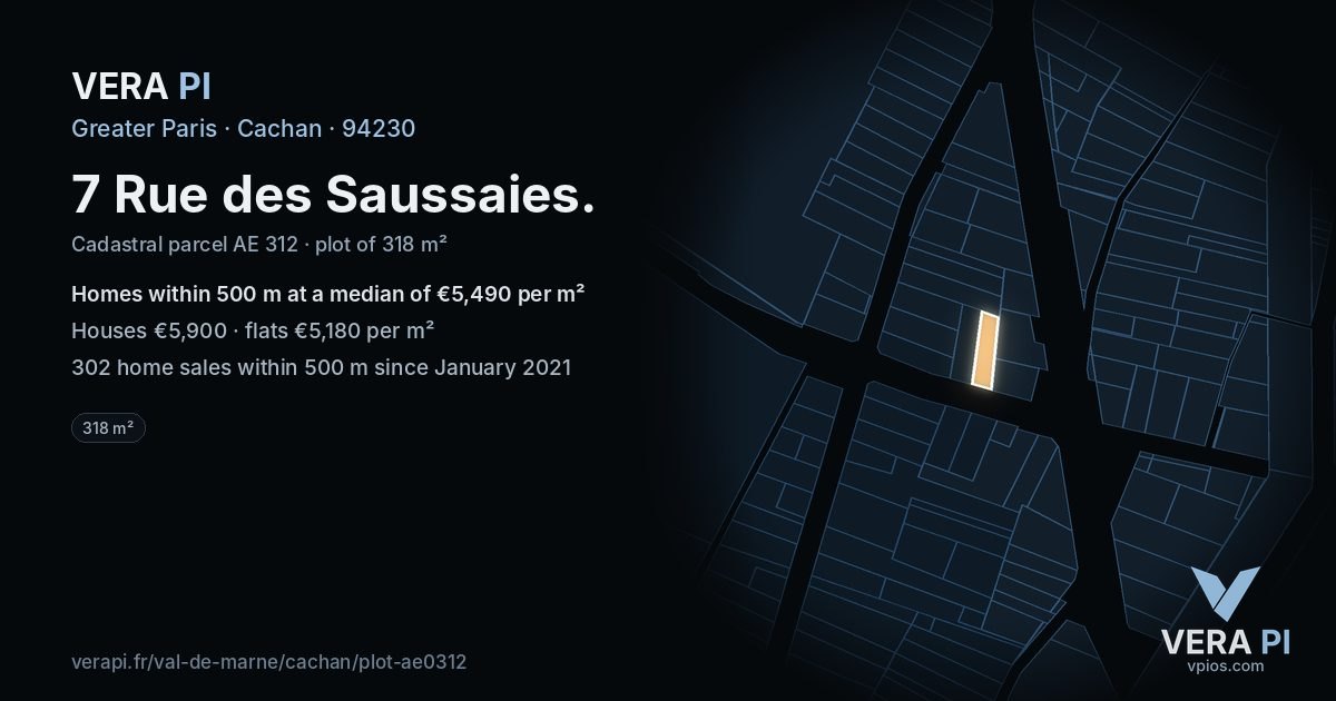 7 Rue des Saussaies, Cachan at night – the plot lit, the parcels around coloured by the prices near them