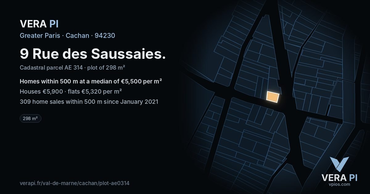 9 Rue des Saussaies, Cachan at night – the plot lit, the parcels around coloured by the prices near them