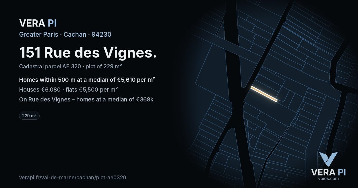 151 Rue des Vignes, Cachan at night – the plot lit, the parcels around coloured by the prices near them