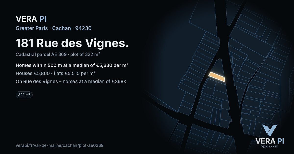 181 Rue des Vignes, Cachan at night – the plot lit, the parcels around coloured by the prices near them