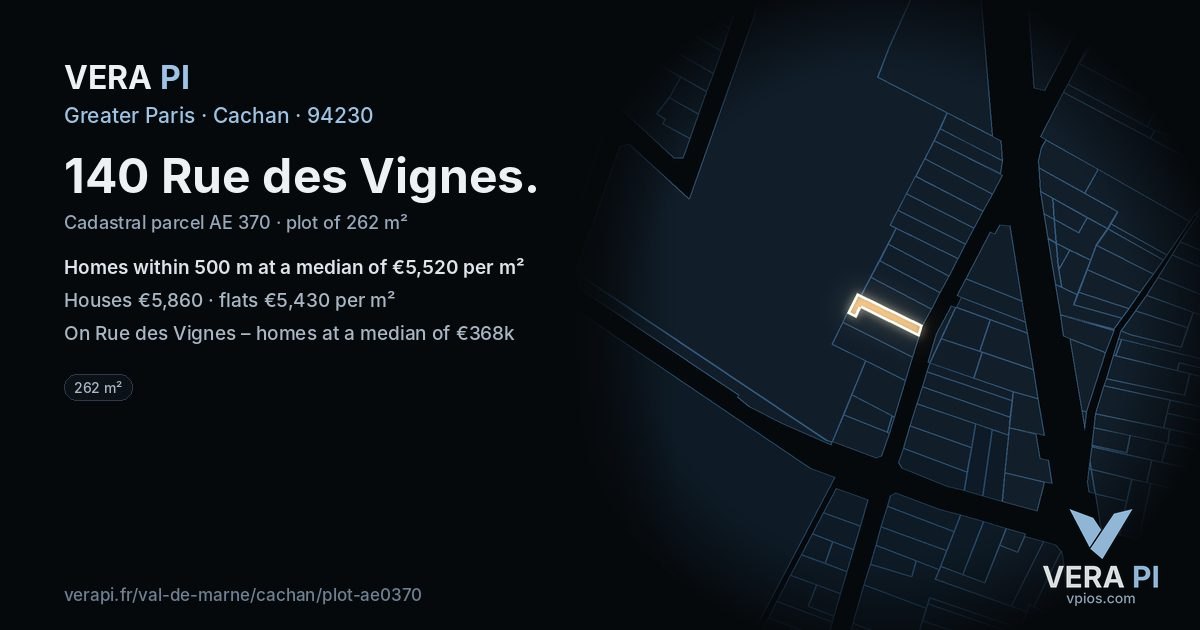 140 Rue des Vignes, Cachan at night – the plot lit, the parcels around coloured by the prices near them