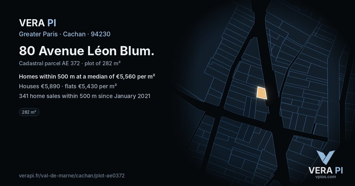 80 Avenue Léon Blum, Cachan at night – the plot lit, the parcels around coloured by the prices near them