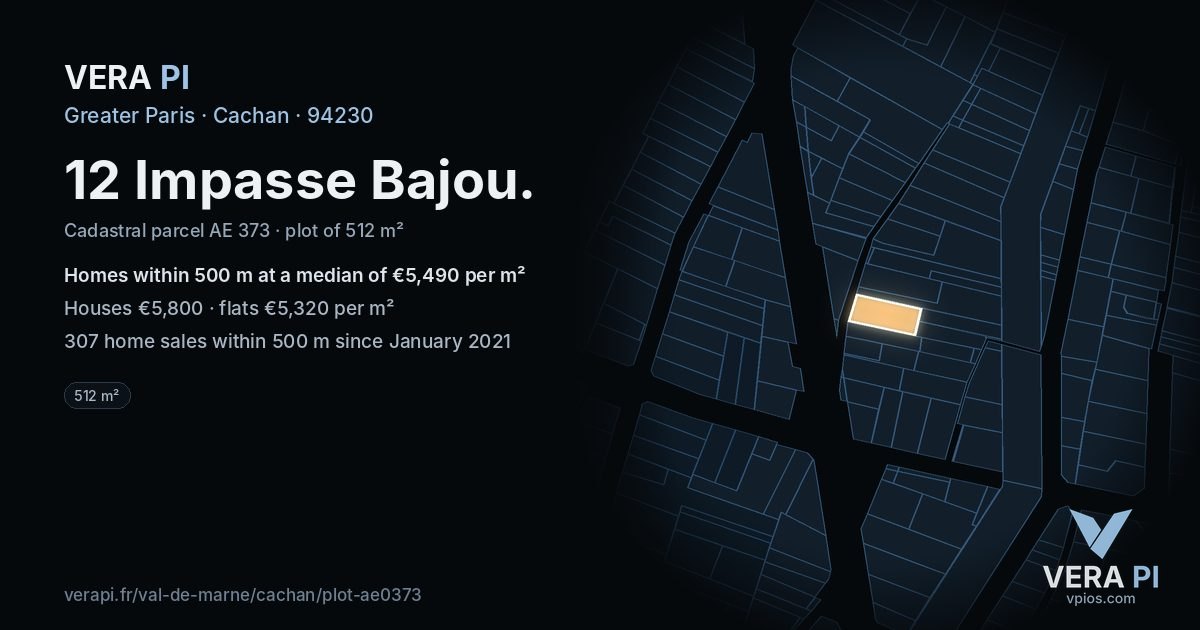 12 Impasse Bajou, Cachan at night – the plot lit, the parcels around coloured by the prices near them