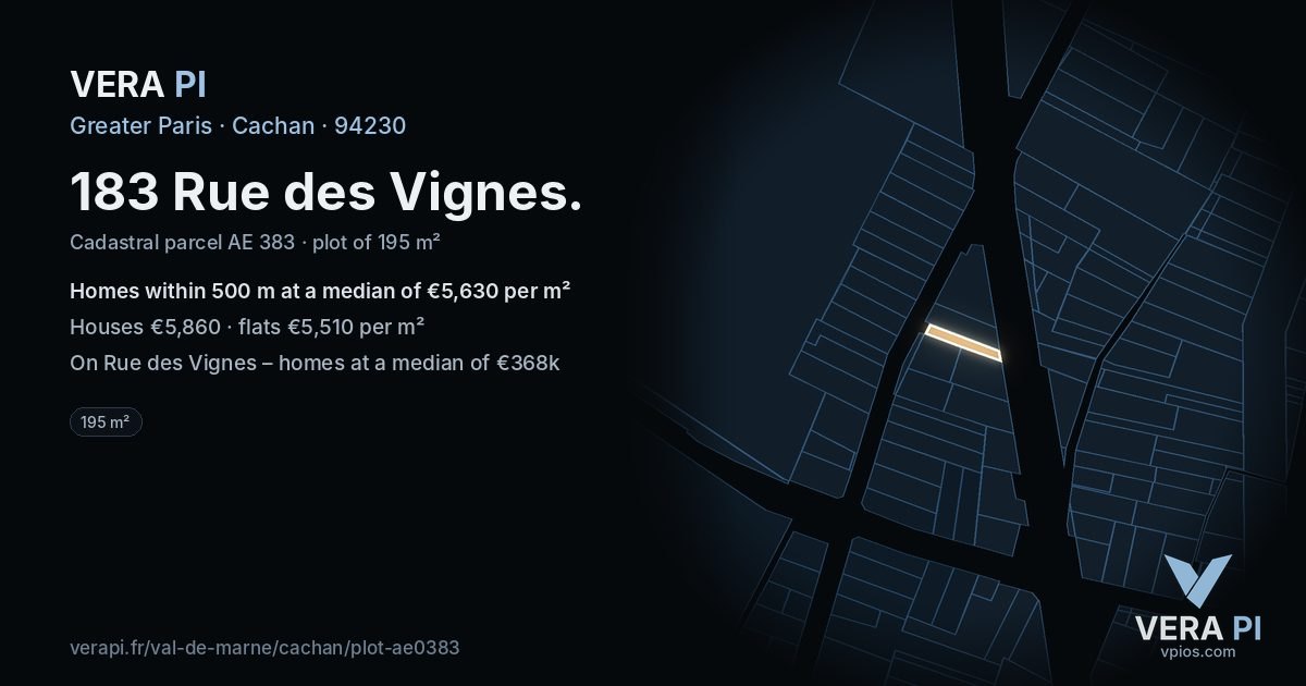 183 Rue des Vignes, Cachan at night – the plot lit, the parcels around coloured by the prices near them