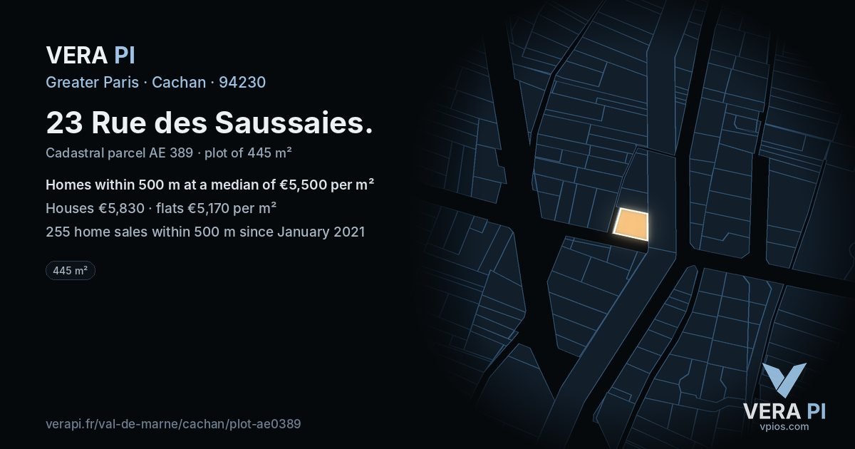 23 Rue des Saussaies, Cachan at night – the plot lit, the parcels around coloured by the prices near them