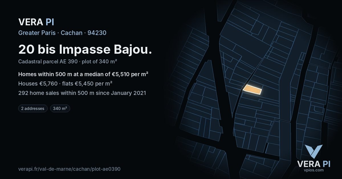 20 bis Impasse Bajou, Cachan at night – the plot lit, the parcels around coloured by the prices near them