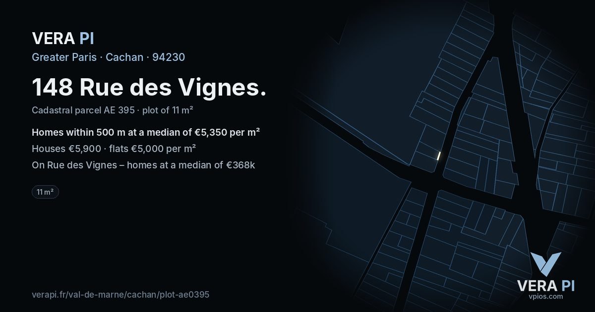 148 Rue des Vignes, Cachan at night – the plot lit, the parcels around coloured by the prices near them