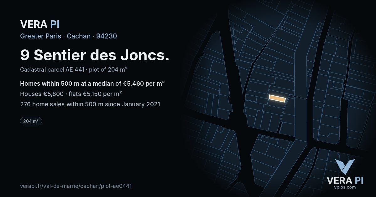 9 Sentier des Joncs, Cachan at night – the plot lit, the parcels around coloured by the prices near them