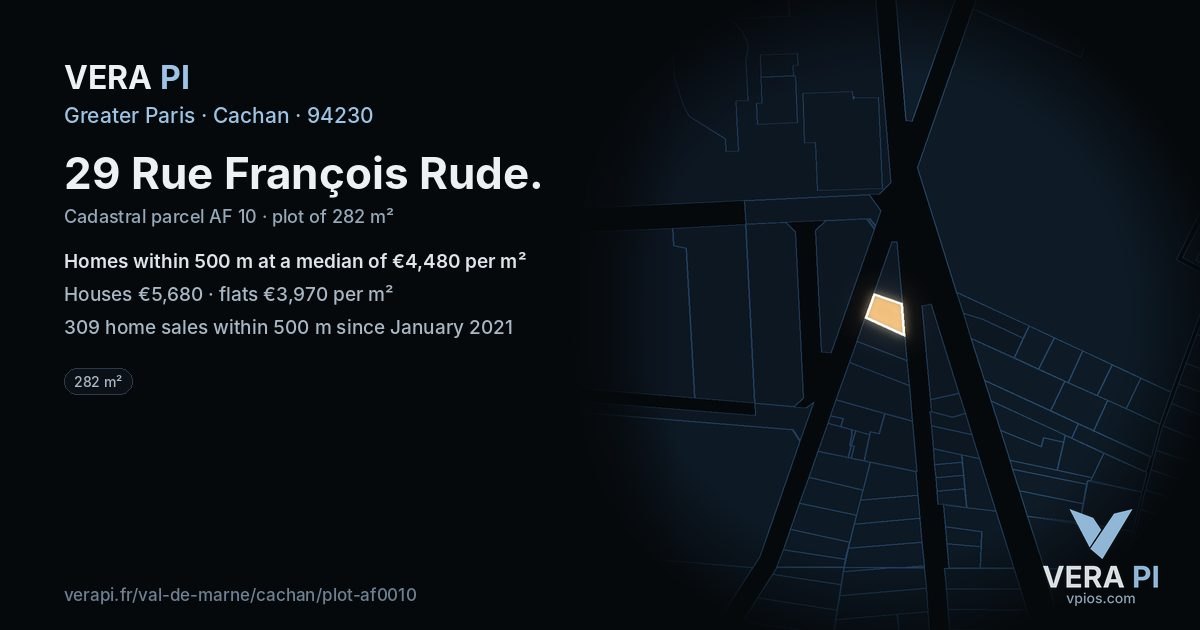 29 Rue François Rude, Cachan at night – the plot lit, the parcels around coloured by the prices near them