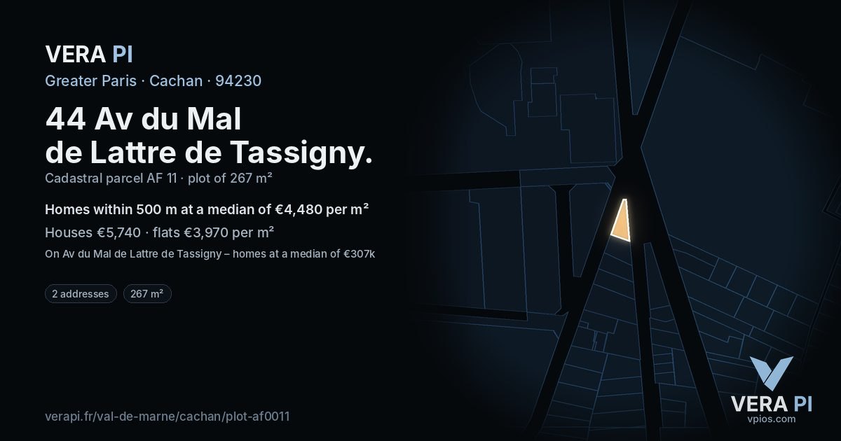 44 Av du Mal de Lattre de Tassigny, Cachan at night – the plot lit, the parcels around coloured by the prices near them