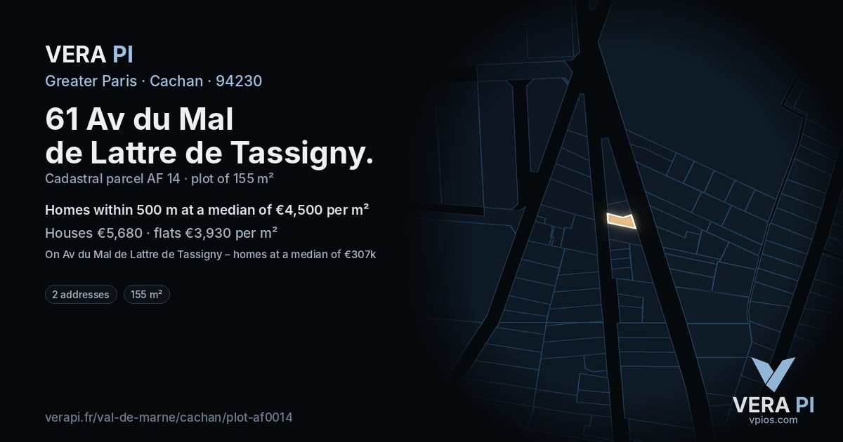 61 Av du Mal de Lattre de Tassigny, Cachan at night – the plot lit, the parcels around coloured by the prices near them