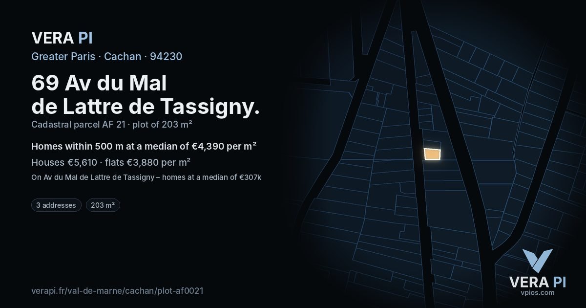 69 Av du Mal de Lattre de Tassigny, Cachan at night – the plot lit, the parcels around coloured by the prices near them