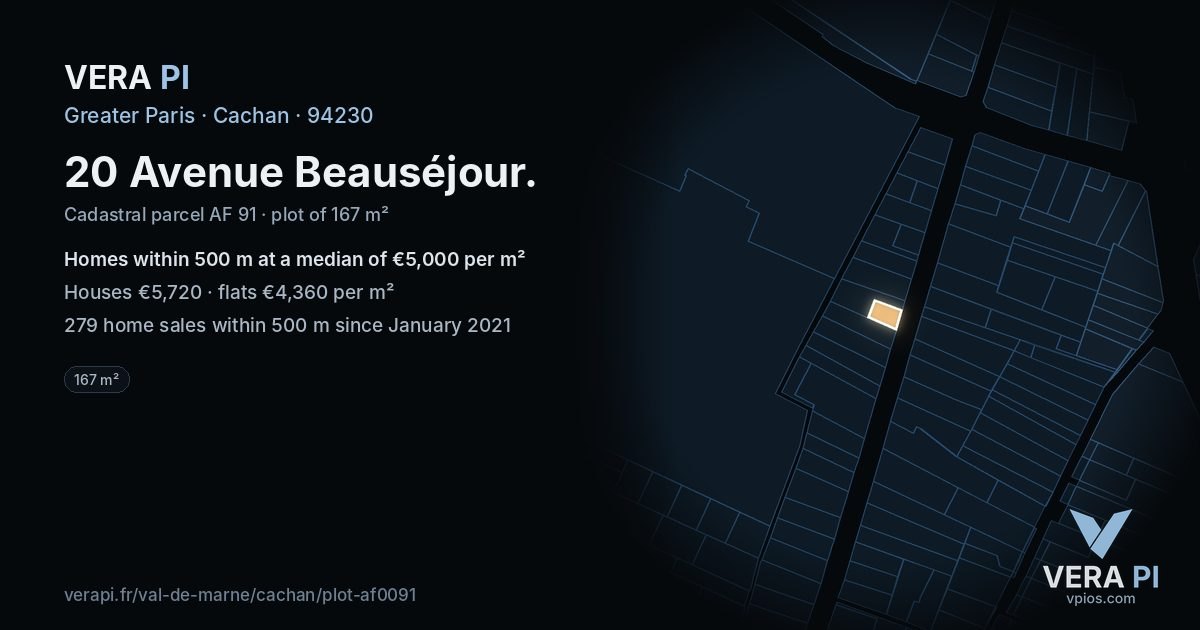 20 Avenue Beauséjour, Cachan at night – the plot lit, the parcels around coloured by the prices near them