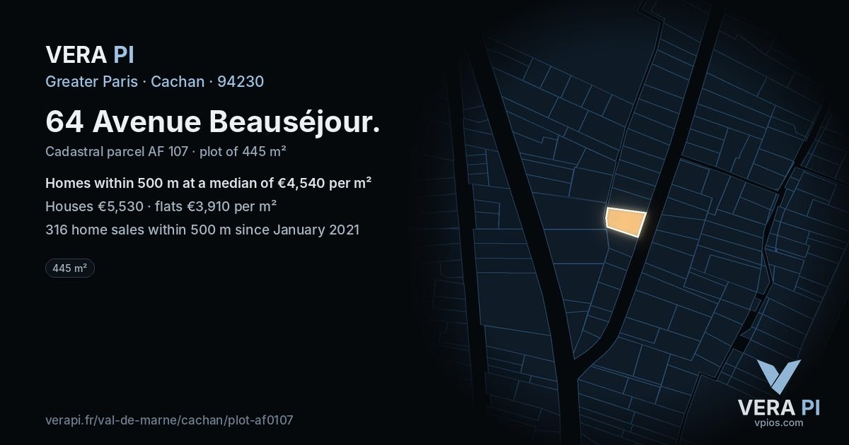 64 Avenue Beauséjour, Cachan at night – the plot lit, the parcels around coloured by the prices near them