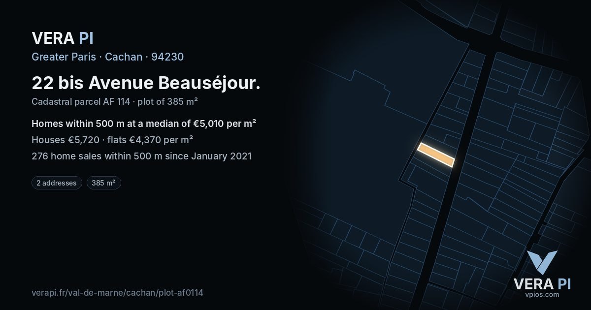 22 bis Avenue Beauséjour, Cachan at night – the plot lit, the parcels around coloured by the prices near them