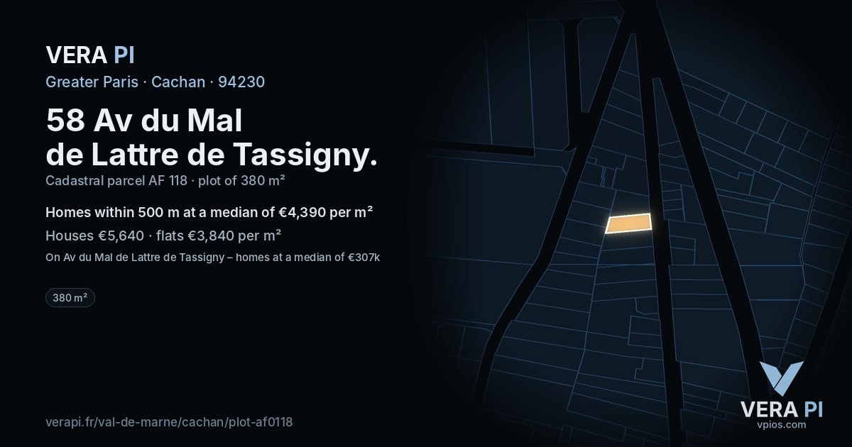 58 Av du Mal de Lattre de Tassigny, Cachan at night – the plot lit, the parcels around coloured by the prices near them