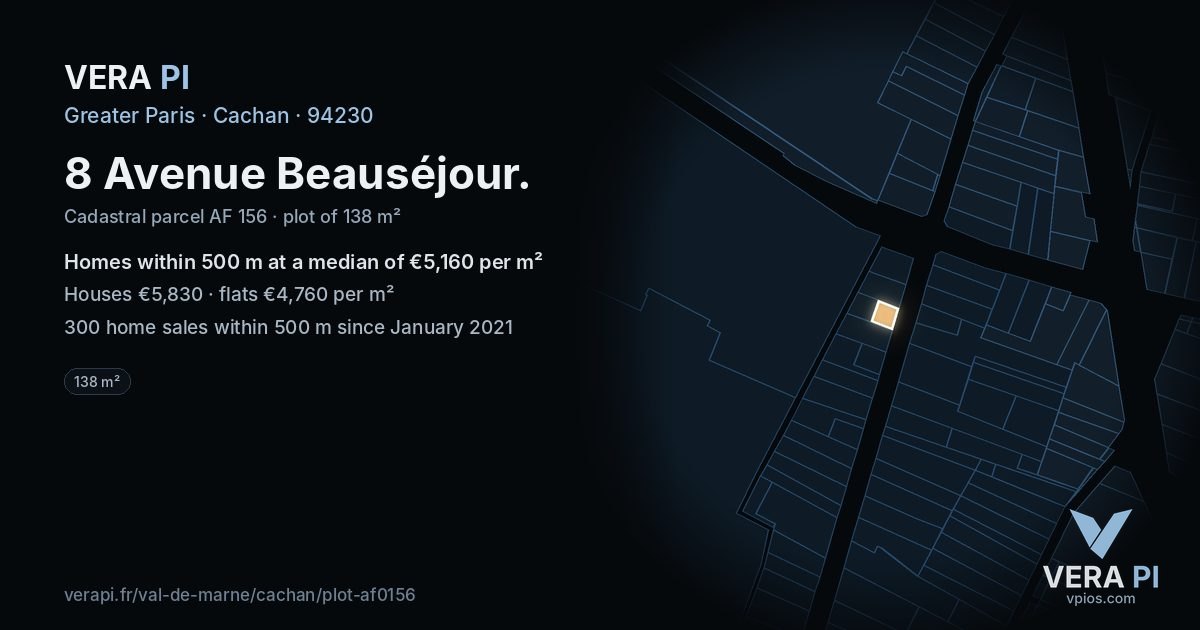 8 Avenue Beauséjour, Cachan at night – the plot lit, the parcels around coloured by the prices near them
