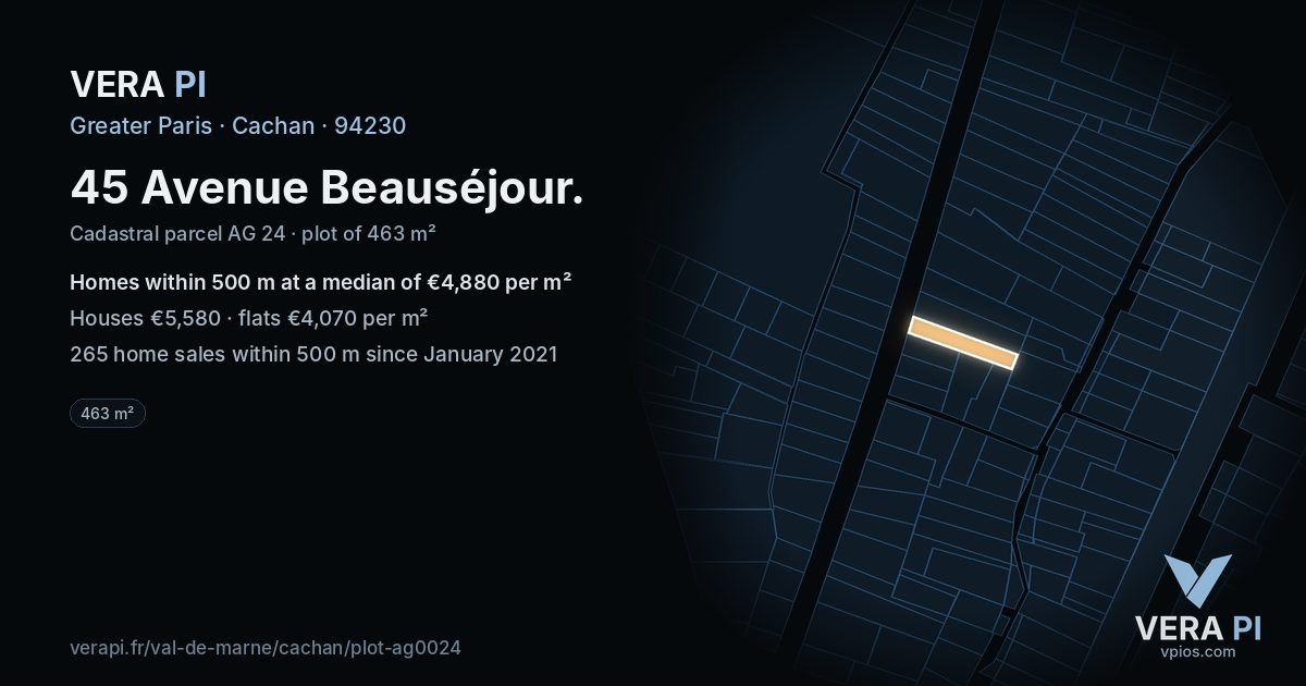 45 Avenue Beauséjour, Cachan at night – the plot lit, the parcels around coloured by the prices near them