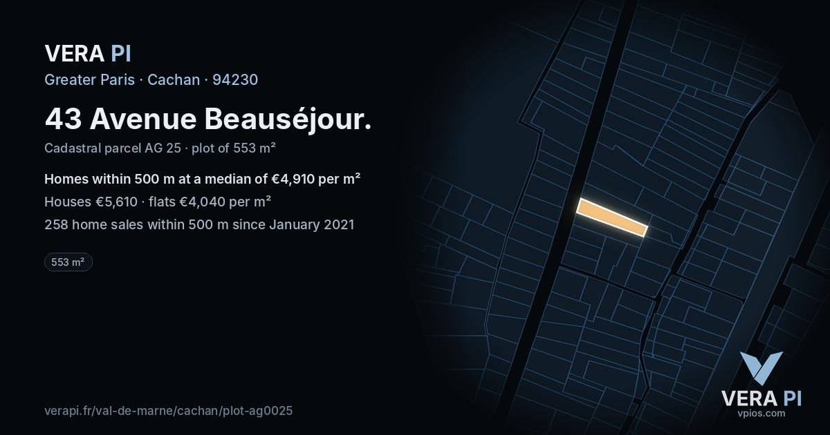43 Avenue Beauséjour, Cachan at night – the plot lit, the parcels around coloured by the prices near them