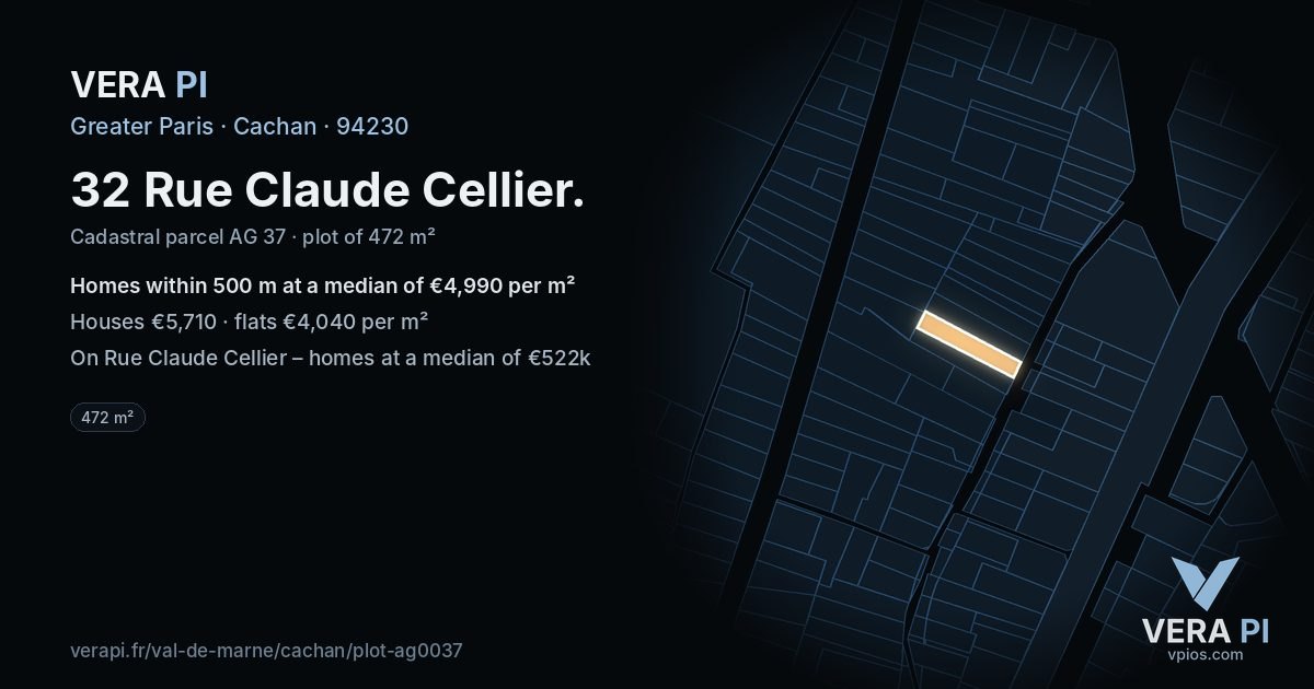 32 Rue Claude Cellier, Cachan at night – the plot lit, the parcels around coloured by the prices near them