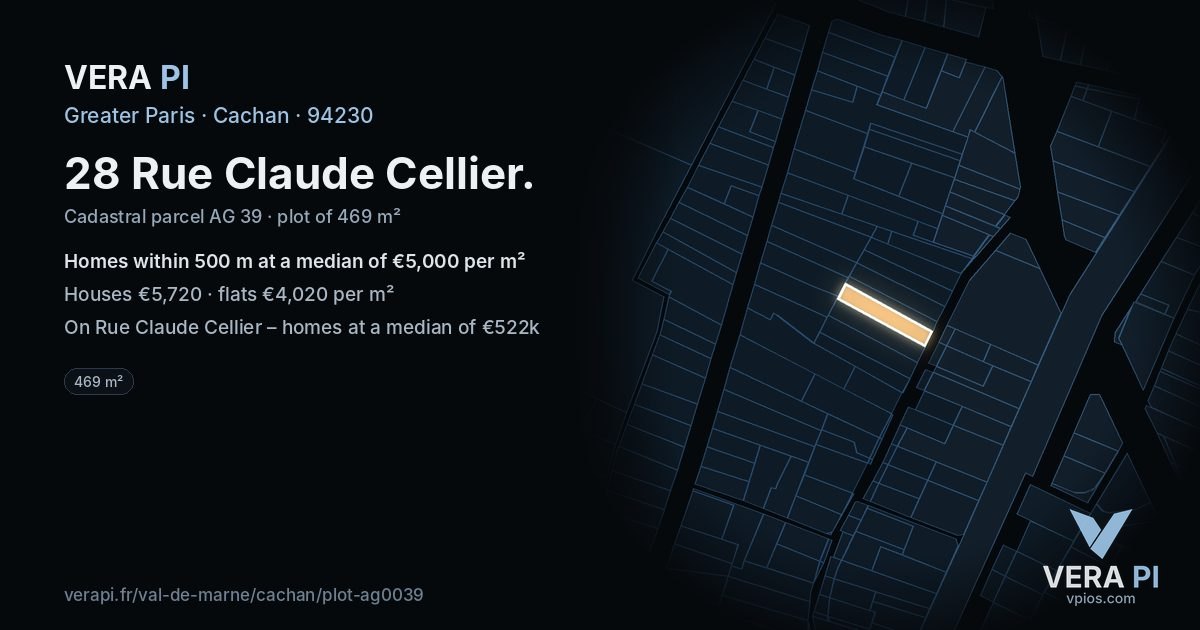28 Rue Claude Cellier, Cachan at night – the plot lit, the parcels around coloured by the prices near them