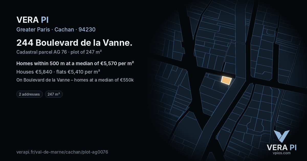 244 Boulevard de la Vanne, Cachan at night – the plot lit, the parcels around coloured by the prices near them