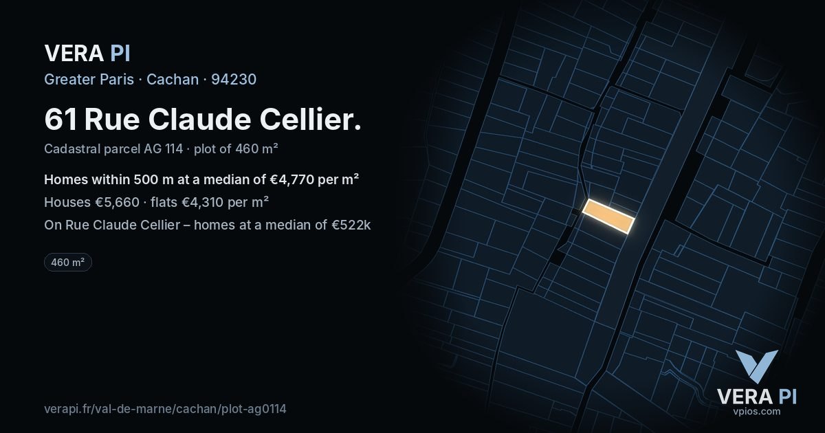 61 Rue Claude Cellier, Cachan at night – the plot lit, the parcels around coloured by the prices near them
