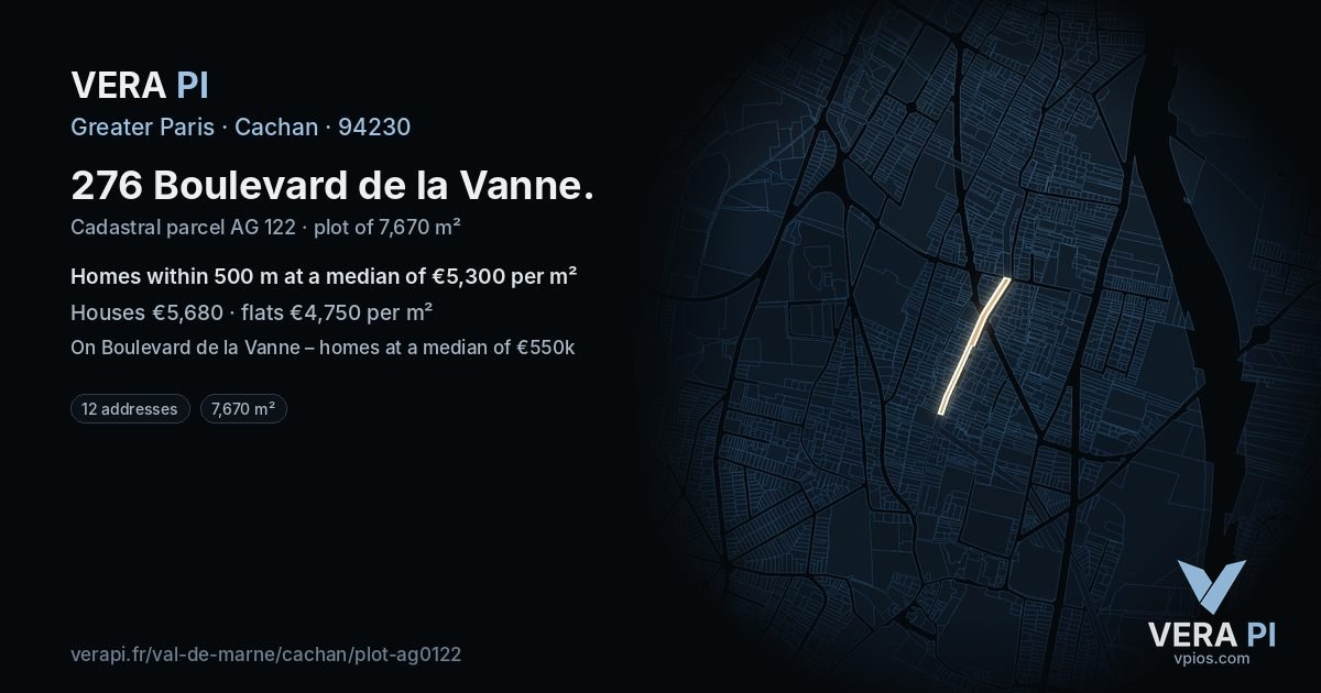 276 Boulevard de la Vanne, Cachan at night – the plot lit, the parcels around coloured by the prices near them