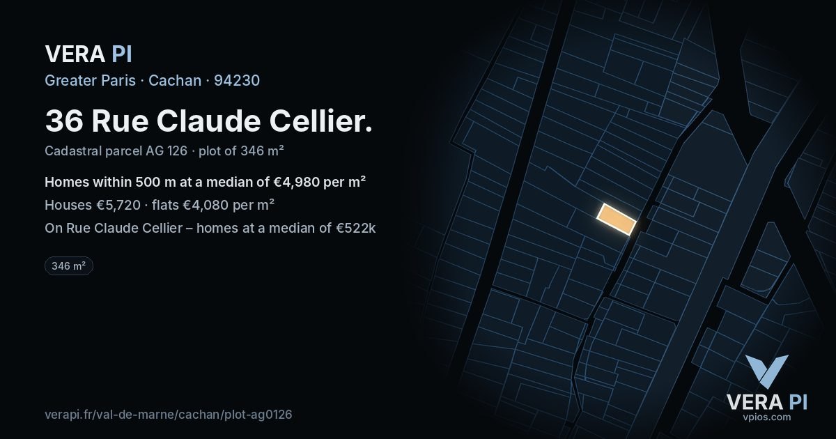 36 Rue Claude Cellier, Cachan at night – the plot lit, the parcels around coloured by the prices near them