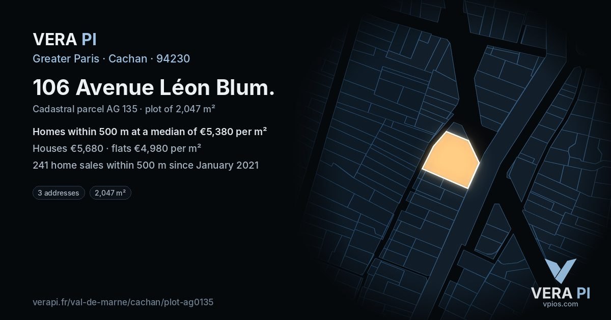 106 Avenue Léon Blum, Cachan at night – the plot lit, the parcels around coloured by the prices near them