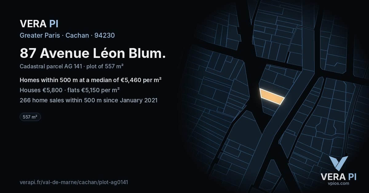 87 Avenue Léon Blum, Cachan at night – the plot lit, the parcels around coloured by the prices near them