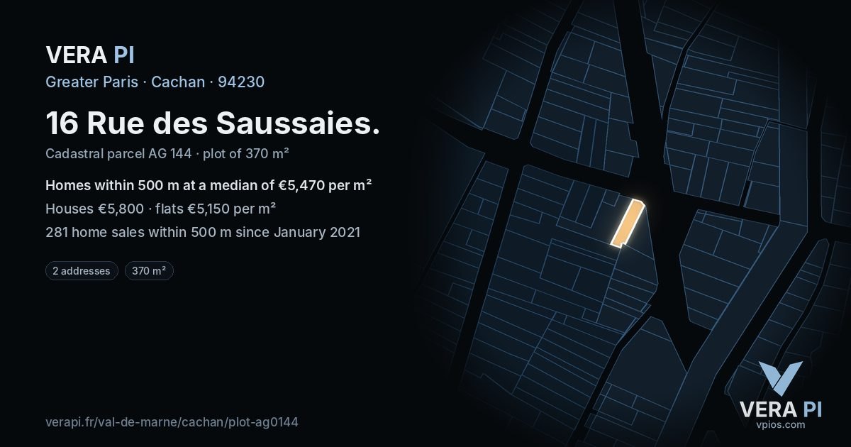 16 Rue des Saussaies, Cachan at night – the plot lit, the parcels around coloured by the prices near them