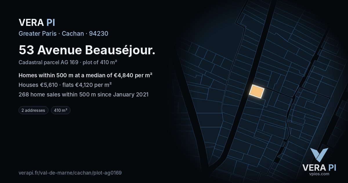 53 Avenue Beauséjour, Cachan at night – the plot lit, the parcels around coloured by the prices near them