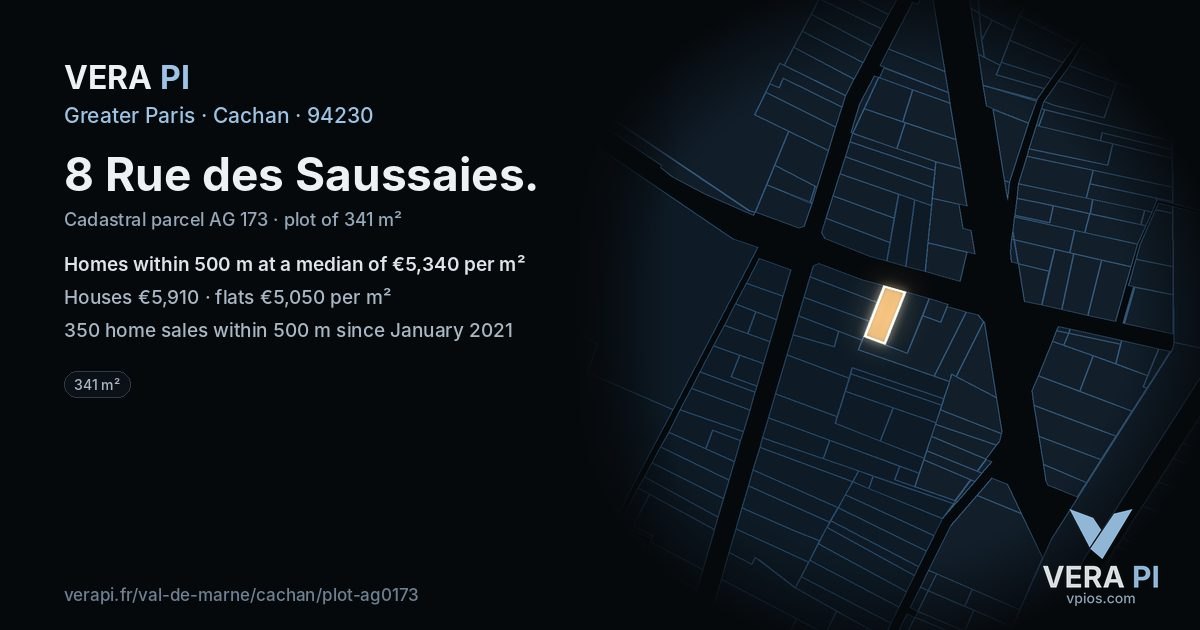 8 Rue des Saussaies, Cachan at night – the plot lit, the parcels around coloured by the prices near them