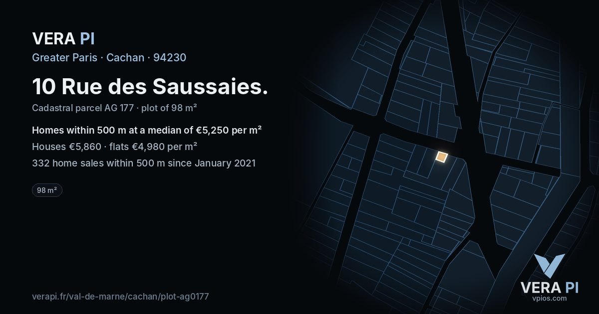 10 Rue des Saussaies, Cachan at night – the plot lit, the parcels around coloured by the prices near them