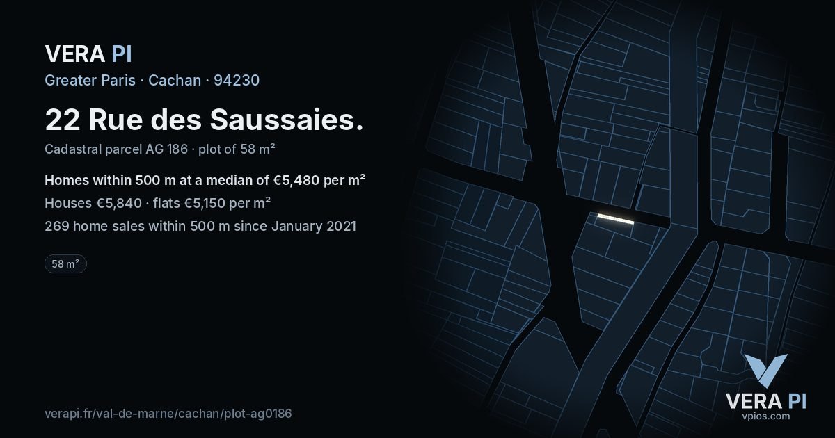 22 Rue des Saussaies, Cachan at night – the plot lit, the parcels around coloured by the prices near them