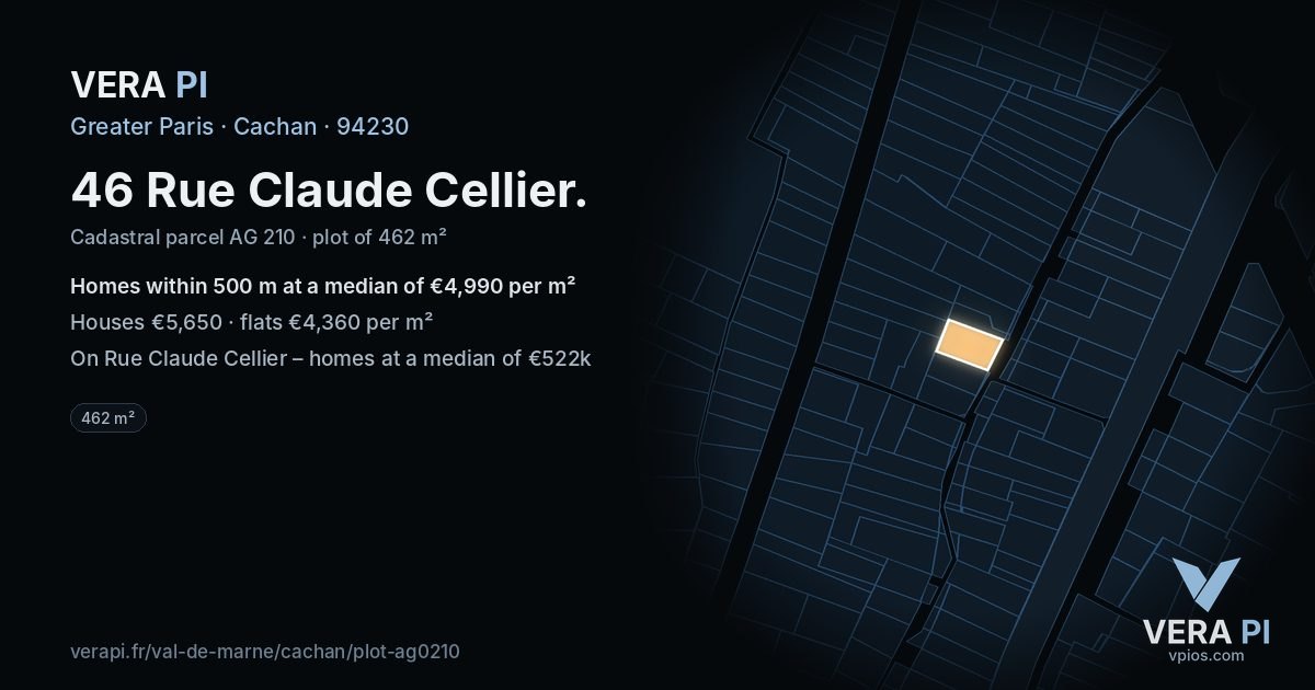 46 Rue Claude Cellier, Cachan at night – the plot lit, the parcels around coloured by the prices near them